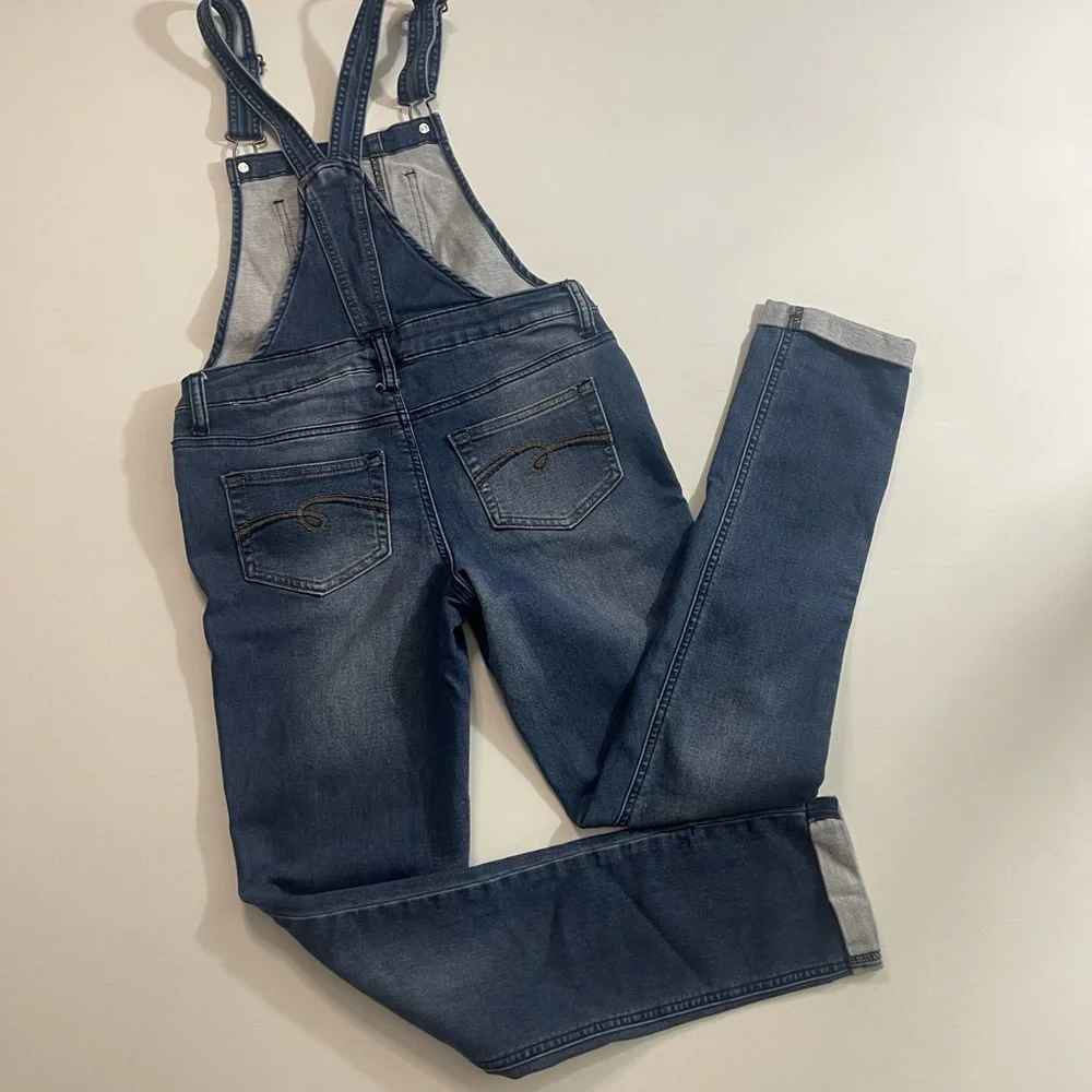 JUSTICE STRETCH BLUE JEAN OVERALLS / PANTS DISTRESSED STRAIGHT LEG GIRLS SZ 12
